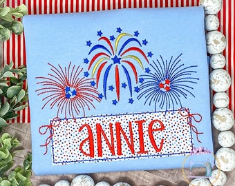 Girls Fireworks Fourth of July Shirt/4th of July with Name/Name Banner/Monogram Blue Shirt/Personalized Applique Shirt/Embroidered Shirt