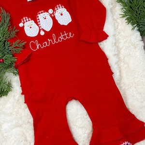Baby Christmas Outfit/Monogrammed Personalized Romper/Trio Santa on Romper/Newborn Pictures/Monogrammed Embroidered Romper