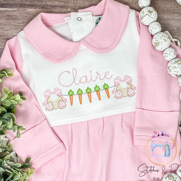 Baby Girl First Easter Outfit/Monogrammed Personalized Footie/Bunnies with Flowers/Baby Shower Gift/Newborn/Embroidered Romper/Sleeper