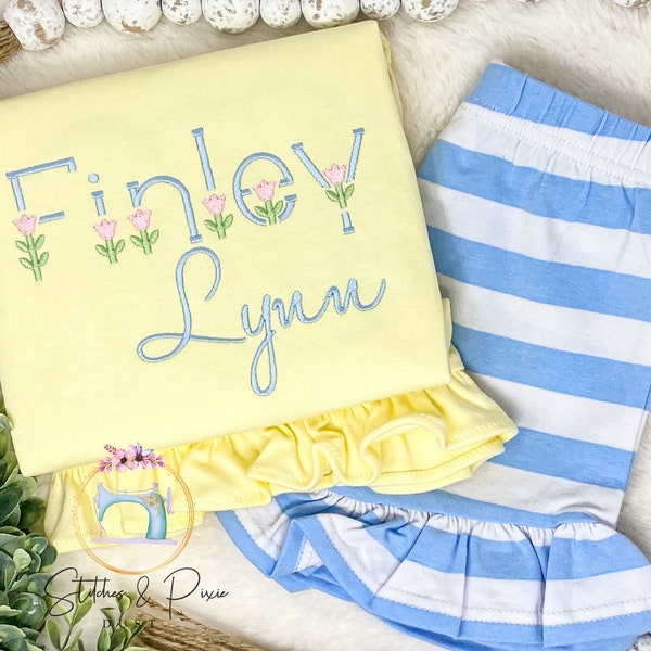 Girls Monogram Shirt Outfit/Personalized Yellow/blue Summer Set/Monogram/Stripe Ruffle Short Outfit/Toddler Monogram Shirt/Spring Shirt