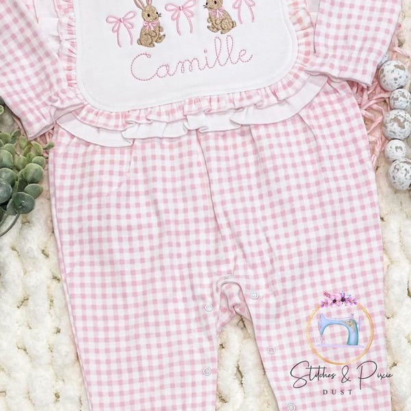 Baby Girl First Easter Outfit/Monogrammed Personalized Footie/Bunnies with Flowers/Baby Shower Gift/Newborn/Embroidered Romper/Sleeper