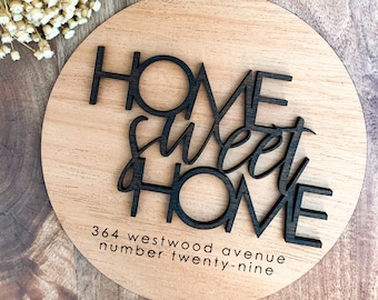 Home Sweet Home Wooden Sign, Custom Address Housewarming Gift, Door Decoration, Farmhouse Decor, Wedding Gift, Round Sign, Laser Cut Sign