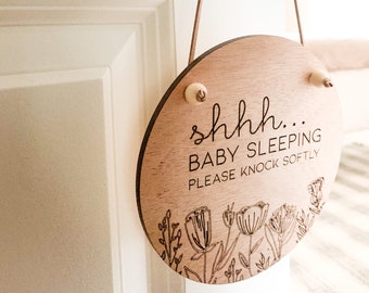 Baby Sleeping Sign, Nursery Knock Softly Sign, Child's Room Door Hanger, Newborn Baby Sign, Baby Shower Gift, Wooden Baby Sign