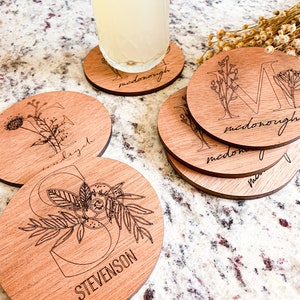 Last Name Coasters, Floral Letter Custom Wooden Drink Holder, Initial, Newly Wed Gift, House Warming Gift, Coffee Table, Drink Holder