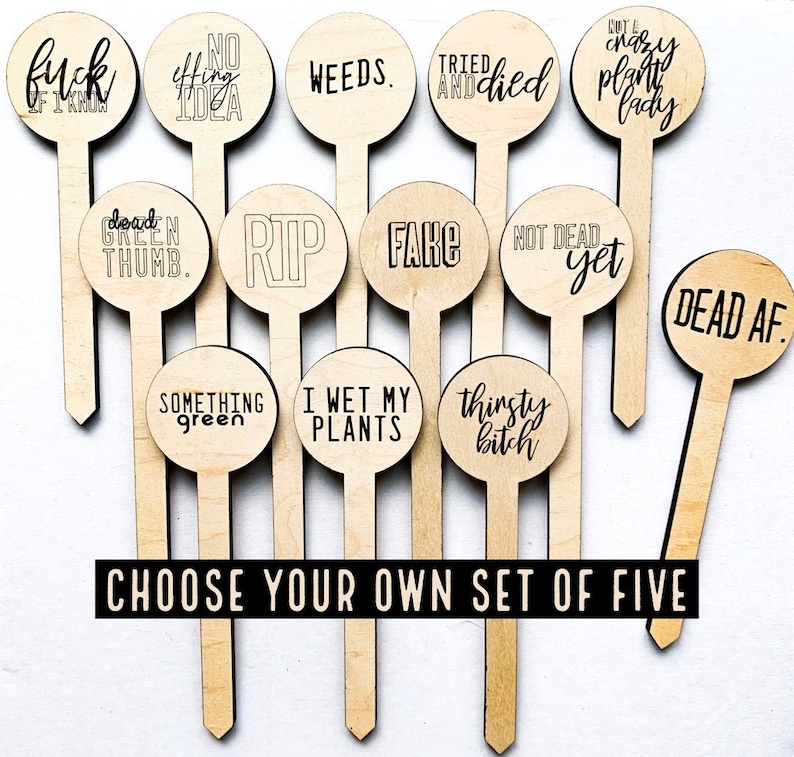 May include: Set of 12 wooden garden stakes with funny and sarcastic sayings. The stakes feature phrases like "Dead AF", "I Wet My Plants", "Not Dead Yet", and "Tried and Died".