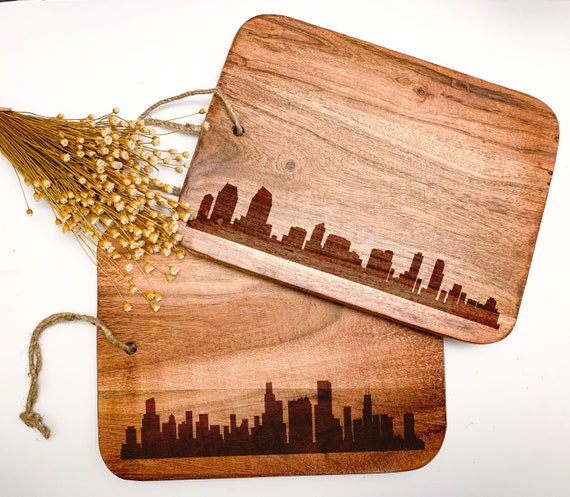 Personalized City Skyline Acacia Wood Engraved Cutting Board, Custom City Charcuterie Board, Wedding, Housewarming, House Closing Gift, Map