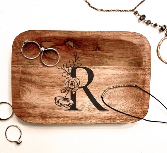 Personalized Wooden Jewelry Tray Monogram Floral Ring Dish Etsy
