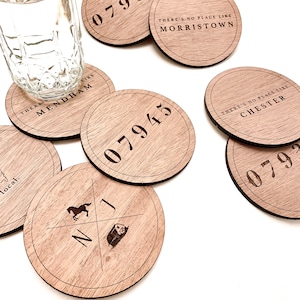 Custom Town Coasters, Set of 4 Wooden Engraved Coasters, Personalized ZIP Code, Enter Any Town, State Coasters, New Jersey