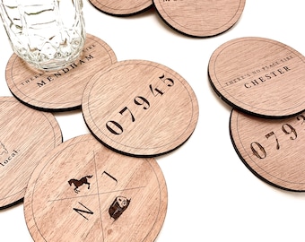 Custom Town Coasters, Set of 4 Wooden Engraved Coasters, Personalized ZIP Code, Enter Any Town, State Coasters, New Jersey