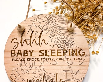 Hawaiian Baby Sleeping Sign, Palm Leaf, Front Door Do Not Knock Sign, Mahalo, Do Not Disturb, Newborn Baby, Baby Shower Gift, Wooden Sign