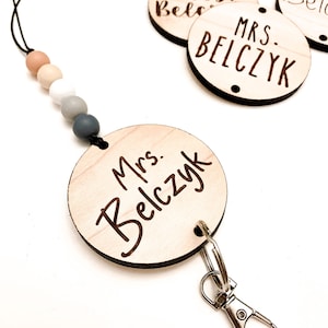 Personalized Wooden Beaded Lanyard for Keys or ID Badge, Gift for Teacher, Nurse Gift, College Lanyard, ID Badge Holder, Custom ID Holder