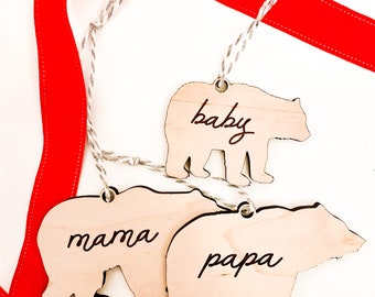 Mama Bear, Baby Bear, Papa Bear Christmas Ornament Gift Tags, Baby’s First Christmas, Bear Family Holiday Decor, Reusable Wooden Tags