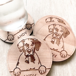 Personalized Dog Peaking Wooden Coaster Set, Custom Dog Coasters, Dog Lover Gift, Dog Decor, Dog Head, Dog Breed Sign, Dog Name Drinkware