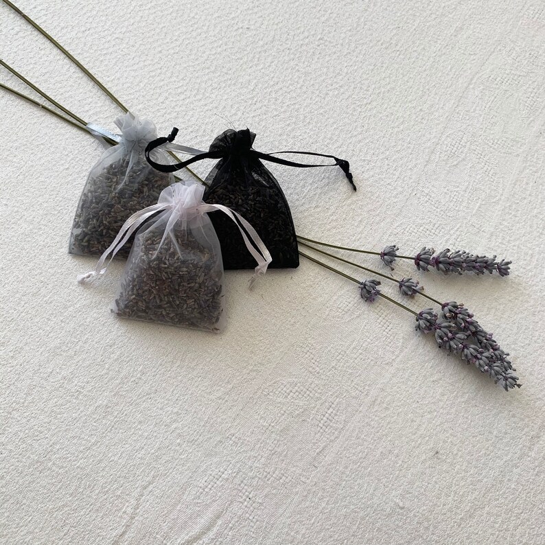 K&ouml;nnte beinhalten: Drei kleine Beutel gef&uuml;llt mit getrockneten Lavendelbl&uuml;ten. Zwei Beutel sind aus wei&szlig;em Netzstoff und einer aus schwarzem Netzstoff. Die Beutel liegen auf einer wei&szlig;en Oberfl&auml;che mit getrockneten Lavendelzweigen.