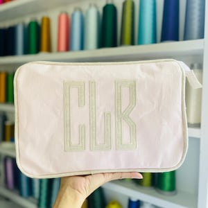 Large Personalized Custom Made Linen Cosmetic Bag Lined Vinyl inside and outside.