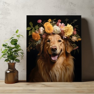 Custom Flower Crown Pet Portrait, Flower Frame Custom Portrait Wall Art, Floral Pet Portrait, Custom Pet Portrait Canvas Picture Painting