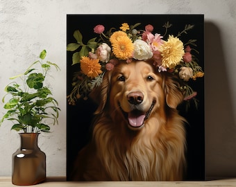 Portrait d'animal de compagnie personnalisé couronne de fleurs, cadre de fleurs art mural personnalisé, portrait floral d'animal de compagnie, portrait d'animal personnalisé sur toile