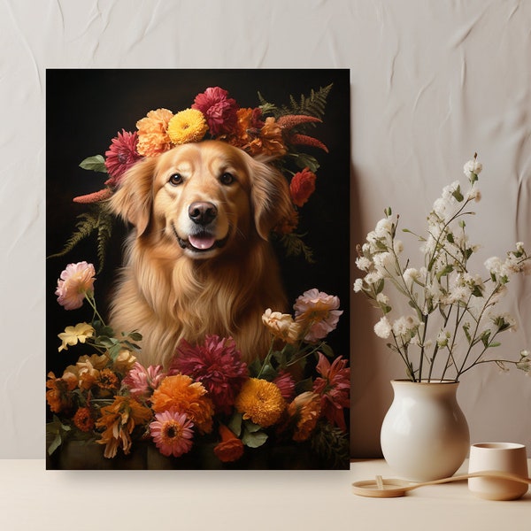 Flower Crown Pet Portrait Painting, Flower Frame Custom Portrait Wall Art, Floral Dog Portrait, Custom Pet Portrait Canvas, Custom Florals