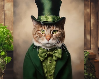 St Patrick's Day Cat Portrait, Personalized St Patrick's Day Pet Portrait Wall Art Decor, Custom St Patrick's Day Pet Painting, Pet Lover