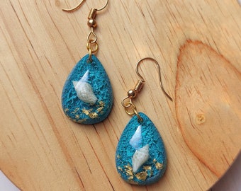 Ocean resin earrings, w/ gold flake accent - real white seashell and blue alcohol ink background