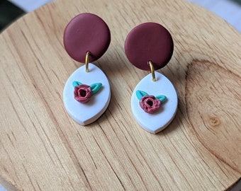 Polymer clay earrings, red rose flower, stainless steel hypoallergenic posts