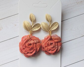 Polymer clay earrings, red pink flower, alloy and stainless steel hypoallergic push back posts