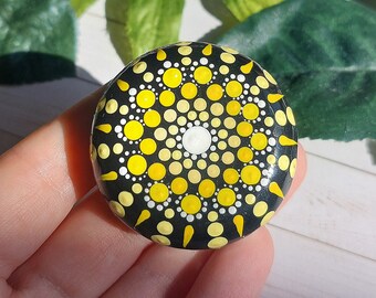 Mini mandala stone, yellow and white painted rock
