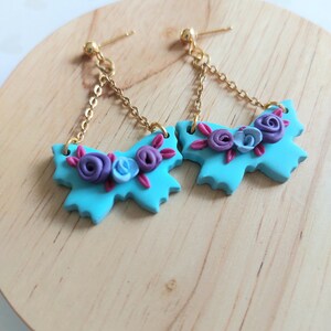 Floral butterfly clay earrings, blue purple pink butterfly earrings