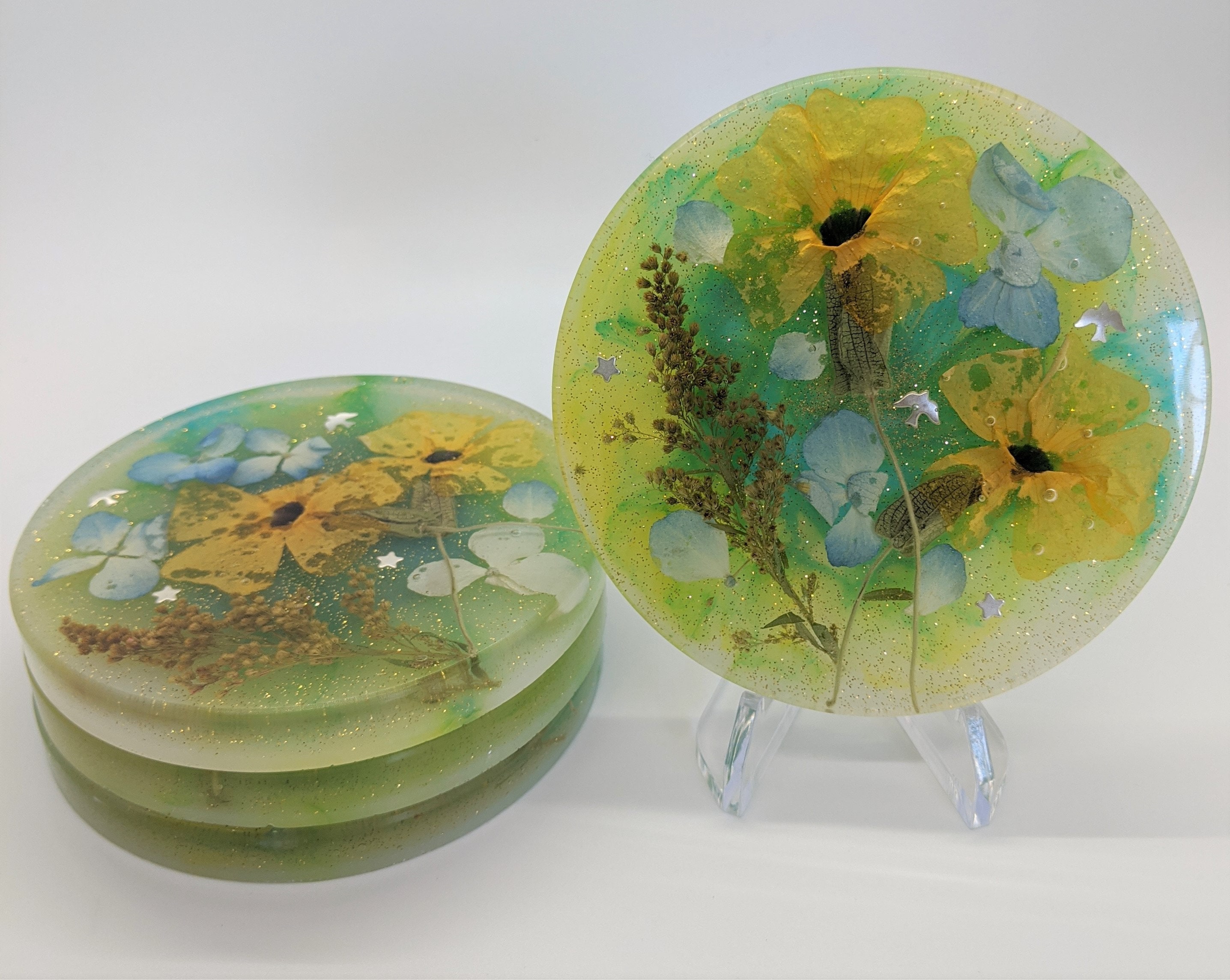 small coasters green flower design golden accent Green epoxy resin