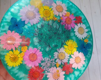 Dessous de verre fleurs pressées en résine, oeuvre d'art floral vert féminin, 6 pouces