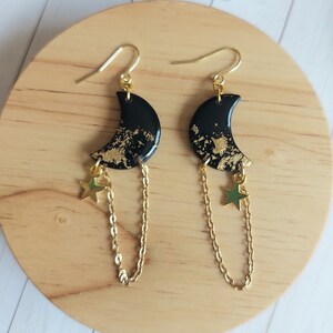 Gold and black moon and stars polymer clay earrings