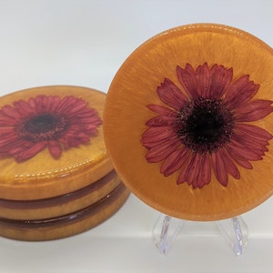 daisy coasters/real flower coaster/flower coasters/orange daisy coaster/daisy resin coaster/flower resin coaster/gift for home