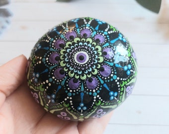 Green, blue and purple mandala stone, spin meditation rock