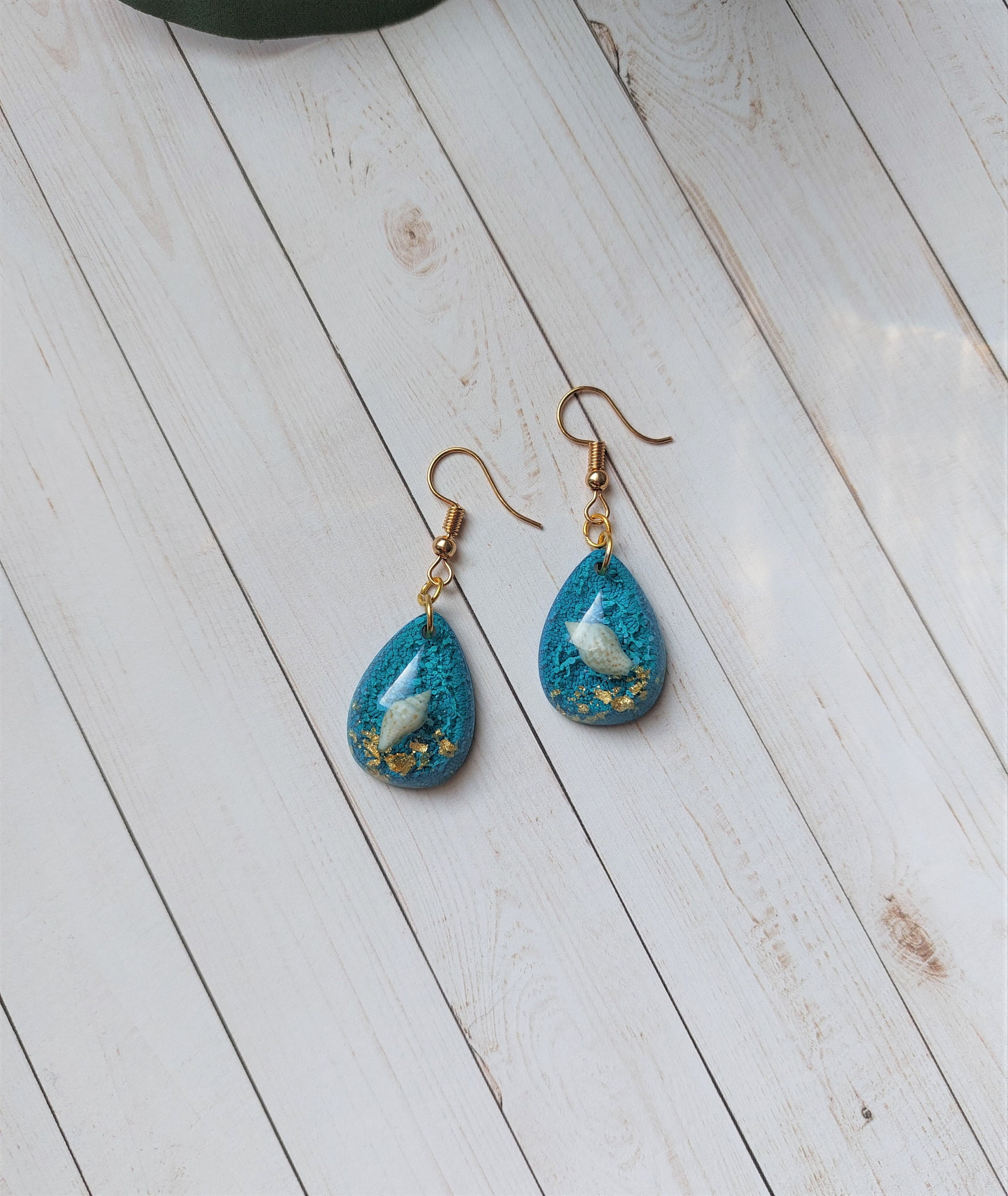 Ocean Resin Earrings, W/ Gold Flake Accent Real White Seashell and