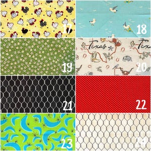 May include: A collection of fabric swatches with various patterns. Includes a yellow background with chicken illustrations, a blue background with seagulls, a green floral pattern, a Texas-themed design, black chicken wire, red polka dots, a green pattern with blue boomerangs, and off-white chicken wire.