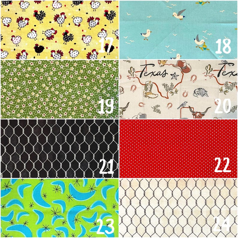 May include: A collection of fabric swatches with various patterns. Includes a yellow background with chicken illustrations, a blue background with seagulls, a green floral pattern, a Texas-themed design, black chicken wire, red polka dots, a green pattern with blue boomerangs, and off-white chicken wire.