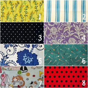 May include: A collection of fabric swatches with various patterns. Includes yellow floral, blue stripes, black polka dots, purple damask, blue and white floral, green pin, sewing-themed, and red polka dot designs.