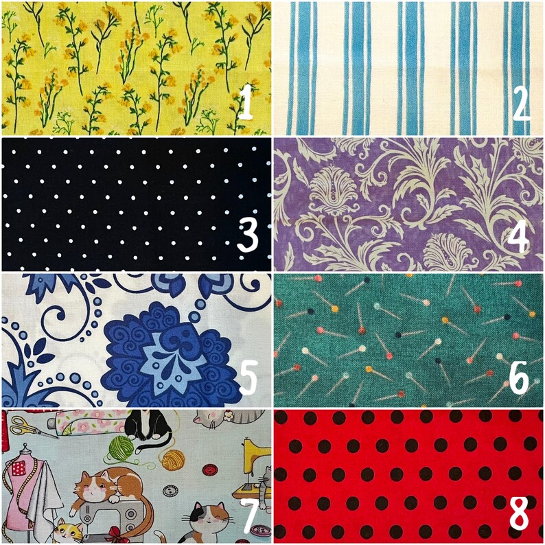 May include: A collection of fabric swatches with various patterns. Includes yellow floral, blue stripes, black polka dots, purple damask, blue and white floral, green pin, sewing-themed, and red polka dot designs.
