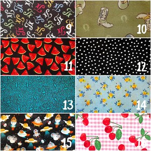 May include: A collection of fabric swatches with various patterns. Designs include a black background with colorful letters, cowboy boots, watermelon slices, white polka dots, teal swirls, blue floral, space-themed illustrations, and cherries on pink gingham.