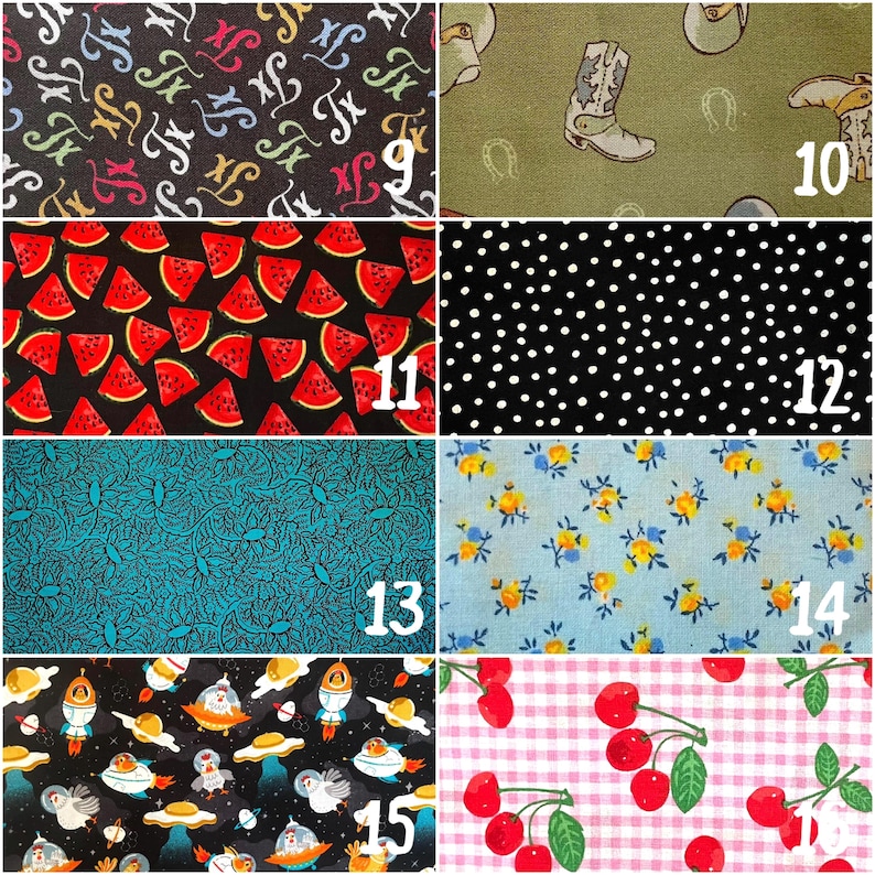 May include: A collection of fabric swatches with various patterns. Designs include a black background with colorful letters, cowboy boots, watermelon slices, white polka dots, teal swirls, blue floral, space-themed illustrations, and cherries on pink gingham.