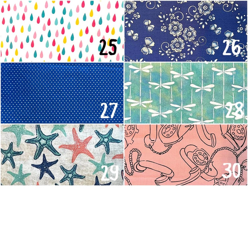 May include: A collection of fabric swatches with various patterns. Designs include colorful raindrops, white floral patterns on blue, blue polka dots, dragonfly motifs, starfish, and retro telephone illustrations. Each swatch is labeled with a number.