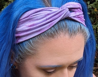 lilac knotted boho headband with purple tie dye, bamboo jersey sustainable hair accessories, pastel goth gift
