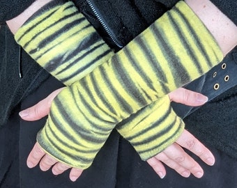 Bumble bee striped fingerless gloves, bamboo wrist warmers, whimsigoth arm sleeves