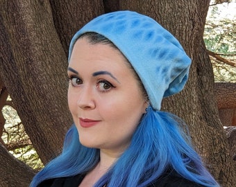 Indigo tie dye slouchy beanie with twist top design, bamboo fleece boho beanie hat