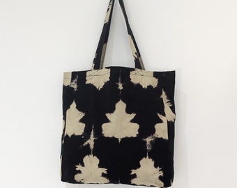 bleach tie dye hippie tote bag, leaf print shibori shoulder bag, reverse dyed handmade festival bag