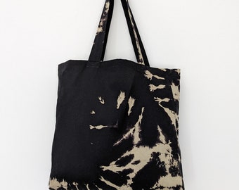 Half reversed dyed black canvas bag, large bleach tie dye tote bag, festival bag, hippie boho shoulder bag, recycled cotton shopping bag