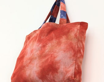 Peach tie dye canvas bag, handmade tote bag, boho style slouchy hobo bag, reusable shopping bag, festival beach bag