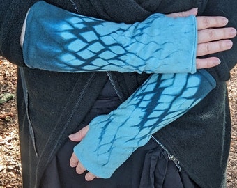 Tie dye fingerless gloves with dark teal flame pattern, bamboo fleece arm warmers, boho hippie clothing
