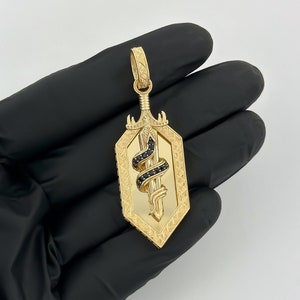 14k Yellow Gold Sword Snake Pendant Serpent Necklace Black CZ