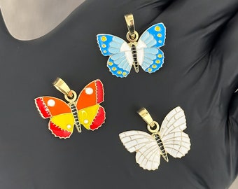 Solid 14k Yellow Gold Butterfly Pendant Enamel Butterfly Necklace